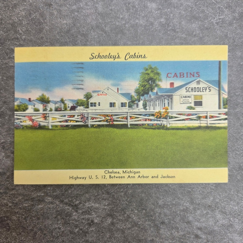 Schooleys Cabins Chelsea Michigan US Highway 12 Vintage Postcard 1962
